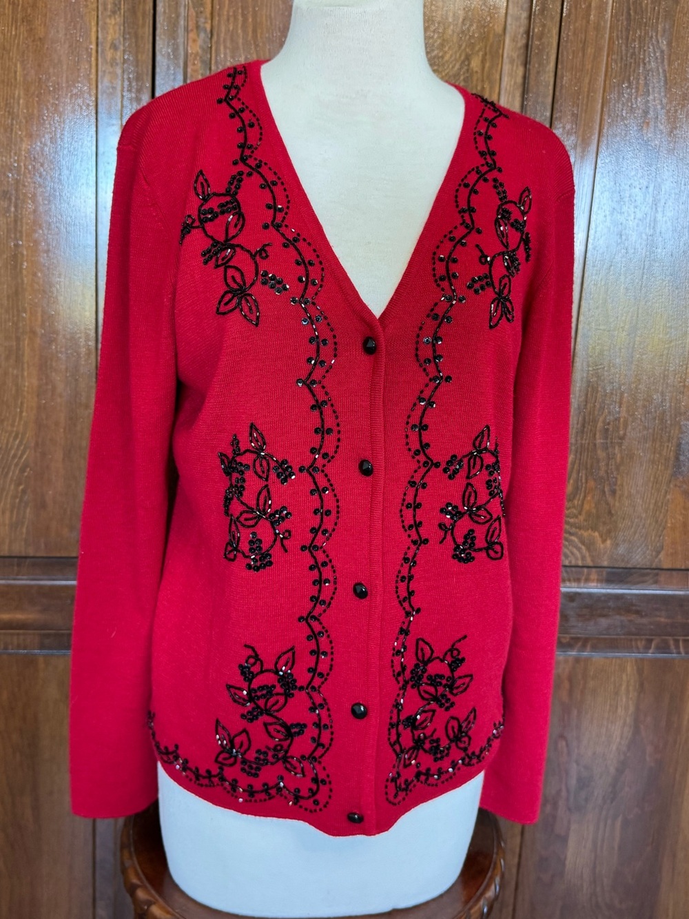 Vintage Casual Corner Merino Wool Beaded Red Cardigan Whimsigoth Medium